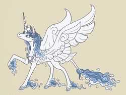 Size: 1024x768 | Tagged: safe, artist:moonrisethemage, oc, oc only, oc:circadia, alicorn, pony, alicorn oc, alternate universe, cloven hooves, crown, ethereal fetlocks, ethereal mane, female, jewelry, leonine tail, mare, peytral, raised hoof, regalia, solo, spread wings, tan background, water mane, wings