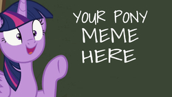 Size: 638x361 | Tagged: safe, edit, edited screencap, editor:undeadponysoldier, screencap, twilight sparkle, alicorn, pony, g4, ppov, caption, chalk drawing, chalkboard, commission, female, image macro, mare, meme, open mouth, pointing, smiling, solo, text, traditional art, twilight sparkle (alicorn), word art, your character here