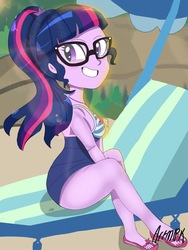 Size: 1800x2400 | Tagged: safe, artist:artmlpk, sci-twi, twilight sparkle, equestria girls, equestria girls series, g4, anatomically incorrect, beach, beach chair, blushing, chair, clothes, cute, feet, female, flip-flops, geode of telekinesis, magical geodes, ponytail, smiling, solo, swimsuit, twiabetes