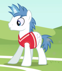 Size: 1158x1340 | Tagged: safe, screencap, orion, shooting star (g4), pony, unicorn, buckball season, g4, background pony, clothes, cropped, magic, magic aura, male, solo, stallion, tank top