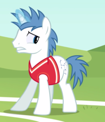 Size: 1158x1340 | Tagged: safe, screencap, orion, shooting star (character), pony, unicorn, buckball season, g4, background pony, clothes, cropped, glowing horn, horn, looking back, magic, magic aura, male, solo, stallion, tank top