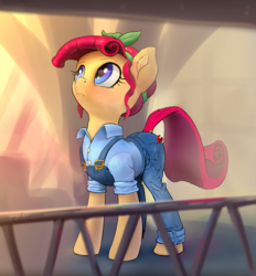 Size: 2882x3112 | Tagged: safe, artist:xbi, torque wrench, earth pony, pony, g4, rainbow roadtrip, clothes, female, high res, looking up, mare, overalls, solo, wrench