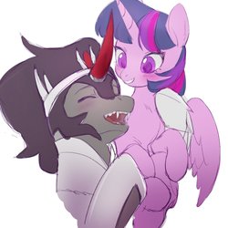 Size: 1448x1446 | Tagged: safe, artist:tingsan, king sombra, twilight sparkle, alicorn, pony, unicorn, g4, armor, blushing, crown, cuddling, fangs, female, holding, jewelry, laughing, looking at each other, male, mare, regalia, ship:twibra, shipping, simple background, smiling, stallion, straight, twilight sparkle (alicorn), white background