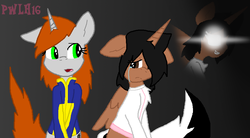 Size: 947x522 | Tagged: safe, artist:xgalacticxstudios18x, oc, oc only, oc:littlepip, alicorn, pony, unicorn, fallout equestria, alicorn oc, clothes, cutie mark, fanfic, fanfic art, female, glowing eyes, gradient background, horn, jumpsuit, mare, open mouth, vault suit, wings