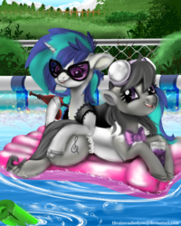 Size: 1920x2400 | Tagged: safe, artist:brainiac, dj pon-3, octavia melody, vinyl scratch, earth pony, pony, unicorn, g4, clothes, cute, duo, female, floaty, goggles, inflatable, mare, pool noodle, pool toy, sunglasses, swimming, swimming pool, swimsuit, watergun