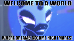 Size: 640x361 | Tagged: safe, edit, edited screencap, editor:undeadponysoldier, screencap, nightmare moon, alicorn, pony, g4, angry, been to hell, caption, female, glowing eyes, hollywood undead, image macro, looking at you, lyrics, mare, song reference, text, white eyes