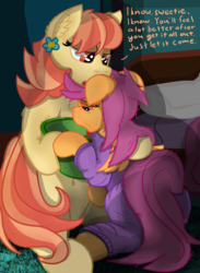 Size: 1052x1440 | Tagged: safe, artist:not_texmex, derpibooru exclusive, aunt holiday, scootaloo, pegasus, pony, g4, bedroom, belly button, bucket, caring for the sick, clothes, comforting, ear fluff, holding stomach, messy mane, nauseous, pajamas, scootalove, sick, text