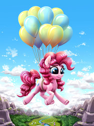 Size: 2970x3960 | Tagged: safe, artist:rysunkowasucharia, pinkie pie, starlight glimmer, earth pony, pony, sheep, unicorn, g4, balloon, bridge, cute, diapinkes, female, floating, high res, kite, kite flying, mare, outdoors, river, sitting, sky, smiling, solo focus, stream, summer, then watch her balloons lift her up to the sky