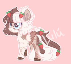 Size: 1105x991 | Tagged: safe, artist:fliyingrainbow, oc, oc only, pegasus, pony, female, food, mare, pink background, simple background, solo, strawberry