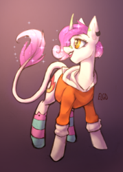 Size: 857x1200 | Tagged: safe, artist:ecolinegd, oc, oc only, pony, unicorn, clothes, ear piercing, earring, ethereal mane, gradient background, gradient mane, jewelry, piercing, scar, simple background, solo, starry mane, stockings, thigh highs