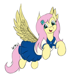 Size: 2223x2408 | Tagged: safe, artist:wapamario63, fluttershy, pegasus, pony, g4, clothes, colored, cute, female, flat colors, flying, hair ornament, high res, looking at you, mare, moe, open mouth, pleated skirt, school uniform, schoolgirl, shyabetes, simple background, skirt, smiling, solo, spread wings, three quarter view, transparent background, wings