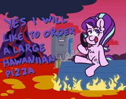 Size: 1400x1100 | Tagged: safe, artist:threetwotwo32232, starlight glimmer, pony, unicorn, g4, dialogue, female, fire, grammar error, lava, male, mare, newbie artist training grounds, parody, phone, solo, that pony sure does love pineapple pizza, the simpsons, volcano