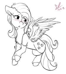 Size: 900x1000 | Tagged: safe, artist:yuris, fluttershy, pegasus, pony, g4, blushing, clothes, cute, embarrassed, female, leg warmers, mare, monochrome, socks, solo