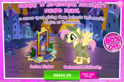 Size: 1034x691 | Tagged: safe, gameloft, fluttershy, pegasus, pony, g4, the cutie re-mark, advertisement, alternate timeline, apocalypse fluttershy, costs real money, crystal war timeline, introduction card