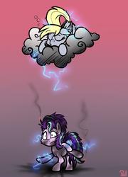 Size: 1382x1920 | Tagged: safe, artist:pirill, derpy hooves, starlight glimmer, pegasus, pony, unicorn, g4, cloud, electrocution, female, i just don't know what went wrong, lightning, mare, newbie artist training grounds, sleeping, zapped