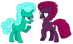 Size: 1514x924 | Tagged: safe, alternate version, artist:徐詩珮, fizzlepop berrytwist, glitter drops, tempest shadow, pony, unicorn, g4, angry, background removed, base used, broken horn, eye scar, female, glitter drops is not amused, horn, lesbian, mare, scar, ship:glittershadow, shipping, simple background, transparent background, unamused