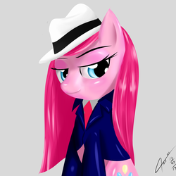 Size: 2000x2000 | Tagged: safe, artist:asajiopie01, pinkie pie, earth pony, pony, g4, clothes, formal wear, hannibal lecter, hat, high res, pinkamena diane pie, sitting, suit