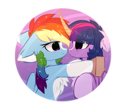 Size: 1026x879 | Tagged: safe, artist:php146, rainbow dash, twilight sparkle, alicorn, pegasus, pony, alternate design, book, chest fluff, colored horn, ear fluff, eye contact, female, floppy ears, lesbian, looking at each other, mare, pale belly, shipping, twidash, twilight sparkle (alicorn)