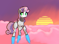 Size: 1600x1200 | Tagged: safe, artist:provolonepone, sweetie belle, pony, robot, robot pony, g4, cloud, cute, diasweetes, female, flying, solo, sun, sunset, sweetie bot, thruster