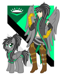 Size: 4526x5573 | Tagged: safe, artist:deroach, oc, oc:morning star, human, pegasus, pony, equestria project humanized, abstract background, alternative cutie mark placement, belly, belly button, boots, clothes, coat, cutie mark, cutie mark tattoo, duo, fanfic, fanfic art, female, gauntlet, gloves, humanized, humanized oc, mare, ponytail, shoes, shorts, shoulder cutie mark, show accurate, simple background, transparent background, winged humanization, wings