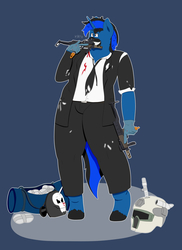 Size: 3200x4400 | Tagged: safe, artist:charlyc1995, oc, oc only, oc:dr meem, unicorn, anthro, unguligrade anthro, bag, blood, blue background, clothes, cocaine, drugs, helmet, jimmy (payday), loot bag, mask, payday 2, simple background, suit, weapon