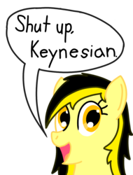 Size: 800x1050 | Tagged: safe, artist:anonymous, oc, oc:leslie fair, earth pony, pony, /mlpol/, drawthread, economics, female, fiscal policy, happy, looking, open mouth, reaction image, shut up, smiling, speech bubble, text