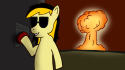 Size: 1200x675 | Tagged: safe, artist:anonymous, oc, oc:leslie fair, pony, /mlpol/, atomic bomb, bipedal, cool guys don't look at explosions, drawthread, explosion, happy, mcnuke, mushroom cloud, nuclear weapon, radiation, sunglasses, switch, test, weapon