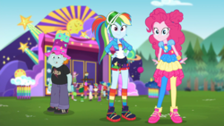 Size: 1366x768 | Tagged: safe, screencap, duke suave, fry lilac, mystery mint, paisley, pinkie pie, rainbow dash, snips, snow flower, sweet leaf, thunderbass, accountibilibuddies, equestria girls, equestria girls series, g4, spoiler:choose your own ending (season 2), spoiler:eqg series (season 2), background human, geode of sugar bombs, hat, looking at you, magical geodes, music festival outfit, shoes, sneakers