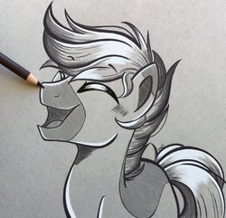 Size: 2048x1974 | Tagged: safe, artist:emberslament, oc, oc only, oc:yaktan, pony, blushing, boop, colored pencil drawing, commission, cute, eyes closed, happy, male, ocbetes, open mouth, pencil boop, photo, solo, stallion, traditional art