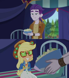 Size: 1920x2160 | Tagged: safe, edit, edited screencap, screencap, applejack, dirk thistleweed, accountibilibuddies, equestria girls, equestria girls series, g4, spoiler:choose your own ending (season 2), spoiler:eqg series (season 2), accountibilibuddies: rainbow dash, applejack's sunglasses, bed, blushing, clothes, cowboy hat, cute, hat, jackabetes, jacket, ointment, shipping fuel, shirt, smiling, stetson, sunglasses, tent