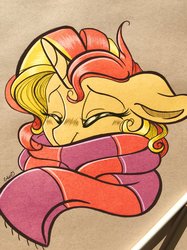 Size: 1535x2048 | Tagged: safe, artist:emberslament, artist:snoopystallion, sunset shimmer, pony, unicorn, g4, blushing, clothes, cute, eyes closed, female, floppy ears, mare, photo, scarf, shimmerbetes, solo, traditional art