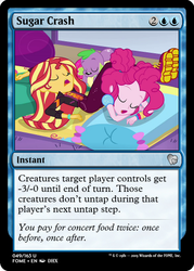 Size: 375x523 | Tagged: safe, edit, pinkie pie, spike, spike the regular dog, sunset shimmer, dog, equestria girls, g4, my little pony equestria girls: choose your own ending, wake up!, wake up!: pinkie pie, ccg, magic the gathering, pillow, sleeping, sleeping bag, trading card, trading card edit