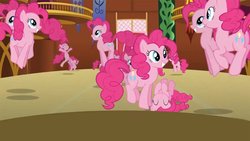 Size: 800x450 | Tagged: safe, screencap, pinkie pie, earth pony, pony, g4, too many pinkie pies, clone, pinkie clone, pronking