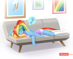 Size: 1200x975 | Tagged: safe, artist:howxu, rainbow dash, human, pegasus, anthro, g4, clothes, couch, cute, cutie mark, daaaaaaaaaaaw, female, hnnng, howxu is trying to murder us, humanized, onomatopoeia, sleeping, socks, solo, sound effects, winged humanization, wings, zzz