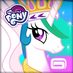 Size: 572x571 | Tagged: safe, gameloft, princess celestia, alicorn, pony, g4, my little pony: magic princess, app icon, crown, female, gameloft logo, jewelry, mare, my little pony logo, regalia, solo