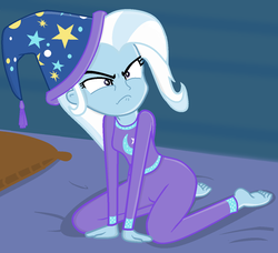 Size: 1280x1169 | Tagged: safe, artist:grapefruitface1, trixie, equestria girls, g4, wake up!, spoiler:choose your own ending (season 2), spoiler:eqg series (season 2), angry, barefoot, base used, clothes, cute, diatrixes, feet, female, hat, madorable, nightcap, nightwear, pajamas, show accurate, solo, tired, trixie is not amused, trixie's hat, trixie's nightcap, tsundere, unamused, wake up!: rainbow dash