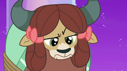 Size: 1280x720 | Tagged: safe, screencap, yona, yak, g4, she's all yak, bow, cute, female, frown, hair bow, horns, looking down, monkey swings, night, raised eyebrow, rope, solo, stars, unamused, yona is not amused, yonadorable