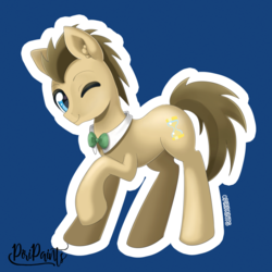 Size: 900x900 | Tagged: safe, artist:piripaints, doctor whooves, time turner, earth pony, pony, g4, blue background, clothes, cute, doctorbetes, ear fluff, looking at you, male, one eye closed, outline, simple background, solo, stallion, wink