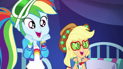 Size: 1920x1080 | Tagged: safe, screencap, applejack, rainbow dash, accountibilibuddies, equestria girls, equestria girls series, g4, spoiler:choose your own ending (season 2), spoiler:eqg series (season 2), accountibilibuddies: rainbow dash, applejack's festival hat, applejack's sunglasses, bed, clothes, cowboy hat, cute, dashabetes, duo, duo female, fangirling, female, geode of super speed, geode of super strength, hat, implied dirk thistleweed, jackabetes, jacket, magical geodes, ponytail, shirt, smiling, squee, stetson, sunglasses, tent, visor, wristband