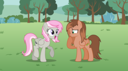 Size: 4088x2266 | Tagged: safe, artist:realgamerkitten, oc, oc only, oc:kathrine, oc:sweet shutter, pegasus, pony, brown tail, duo, duo female, female, folded wings, full body, grass, green eyes, grin, high res, hooves, looking at someone, mare, open mouth, open smile, outdoors, pegasus oc, purple eyes, raised hoof, raised leg, shadow, show accurate, smiling, standing, stolen art, tail, trace, tree, two toned mane, two toned tail, wings