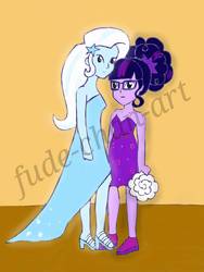 Size: 1500x2000 | Tagged: safe, artist:fude-chan-art, sci-twi, trixie, twilight sparkle, equestria girls, g4, clothes, dress, female, height difference, lesbian, ship:sci-twixie, ship:twixie, shipping