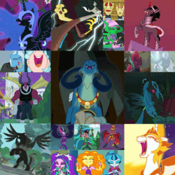 Size: 600x600 | Tagged: safe, edit, edited screencap, screencap, adagio dazzle, aria blaze, cozy glow, daybreaker, discord, flam, flim, gaea everfree, gloriosa daisy, grogar, king sombra, lord tirek, mane-iac, nightmare moon, pony of shadows, queen chrysalis, sci-twi, sonata dusk, storm king, sunset shimmer, tempest shadow, trixie, twilight sparkle, alicorn, centaur, changeling, changeling queen, demon, draconequus, earth pony, goat, human, pegasus, pony, shadow pony, sheep, unicorn, yeti, taur, a royal problem, equestria girls, friendship games, friendship is magic, g4, legend of everfree, magic duel, my little pony equestria girls, my little pony: the movie, power ponies (episode), rainbow rocks, school raze, season 1, season 2, season 3, season 4, season 5, season 7, season 8, season 9, shadow play, the beginning of the end, the cutie re-mark, the ending of the end, the mean 6, the return of harmony, the summer sun setback, the super speedy cider squeezy 6000, alicorn amulet, alternate timeline, animated, antagonist, bow, brothers, clothes, cloven hooves, collage, compilation, cropped, crystal ball, crystal war timeline, evil, evil laugh, female, filly, flim flam brothers, gif, glowing horn, grogar's orb, hair bow, horn, laughing, legion of doom, lightning, male, mare, midnight sparkle, nose in the air, nose piercing, nose ring, open mouth, piercing, ram, rearing, septum piercing, siblings, spoilers in the comments, stallion, sunset satan, the dazzlings, uvula, volumetric mouth, wall of tags