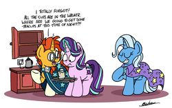 Size: 7714x4836 | Tagged: safe, artist:bobthedalek, starlight glimmer, sunburst, trixie, pony, unicorn, g4, atg 2019, convenient trixie, female, grin, hoof on chest, kettle, kitchen, male, mare, newbie artist training grounds, smiling, stallion, tea time, teacup, teapot, that pony sure does love teacups, this will end in teacups, tray