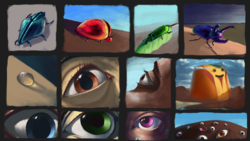 Size: 3840x2160 | Tagged: safe, artist:eqlipse, oc, oc:non toxic, barely pony related, collage, concept art, eye, eyes, flan, food, funny, high res, male, painterly, practice, pudding, silly, study