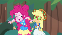 Size: 1280x720 | Tagged: safe, screencap, applejack, pinkie pie, accountibilibuddies, accountibilibuddies: pinkie pie, equestria girls, g4, my little pony equestria girls: choose your own ending, applejack's sunglasses, bush, clothes, confused, cute, diapinkes, evil grin, geode of sugar bombs, grin, hair bun, hat, jacket, looking at someone, magical geodes, outdoors, raised eyebrow, sitting, smiling, standing, sunglasses, tree