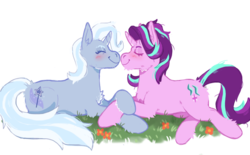 Size: 1000x619 | Tagged: safe, artist:kittycoot, starlight glimmer, trixie, pony, unicorn, g4, cheek fluff, chest fluff, eyes closed, female, fluffy, holding hooves, lesbian, mare, nuzzling, prone, ship:startrix, shipping, simple background, smiling, transparent background