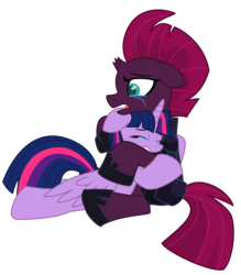 Size: 10258x11729 | Tagged: safe, artist:ejlightning007arts, tempest shadow, twilight sparkle, alicorn, pony, g4, armor, broken horn, crying, duo, horn, hug, sad, simple background, transparent background, twilight sparkle (alicorn), vector, wings