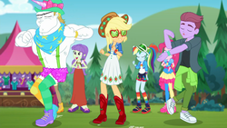 Size: 1920x1080 | Tagged: safe, screencap, applejack, bulk biceps, duke suave, pinkie pie, rainbow dash, starlight, accountibilibuddies, equestria girls, equestria girls series, g4, spoiler:choose your own ending (season 2), spoiler:eqg series (season 2), applejack's festival hat, applejack's sunglasses, background human, boots, clothes, cowboy boots, cowboy hat, dancing, female, hat, male, male nipples, nipples, outdoors, shoes, shorts, sunglasses, visor