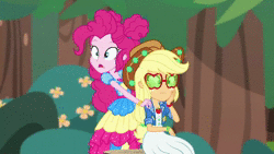 Size: 1920x1080 | Tagged: safe, screencap, applejack, pinkie pie, accountibilibuddies, equestria girls, equestria girls series, g4, spoiler:choose your own ending (season 2), spoiler:eqg series (season 2), accountibilibuddies: pinkie pie, animated, applejack's sunglasses, boots, bush, clothes, confused, cunning plan, female, geode of sugar bombs, grin, hand on cheek, hand on chin, hand on shoulder, hand rubbing, hat, implied dirk thistleweed, looking at each other, looking at someone, magical geodes, pointing, raised eyebrow, running, shifty eyes, shoes, sitting, smiling, sneakers, sound, stockings, sunglasses, thigh highs, tree, tree stump, webm, zoom in