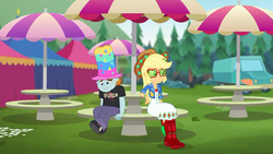 Size: 1280x720 | Tagged: safe, screencap, applejack, snips, accountibilibuddies, equestria girls, equestria girls series, g4, spoiler:eqg series (season 2), accountibilibuddies: snips, boots, clothes, cowboy boots, female, glasses, hat, male, pants, shoes, sitting